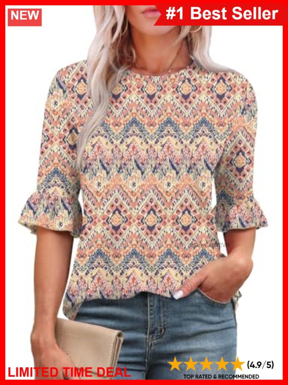 Womens 3/4 Ruffle Sleeve Tunic Blouse Loose Fit Crew Neck Casual Top